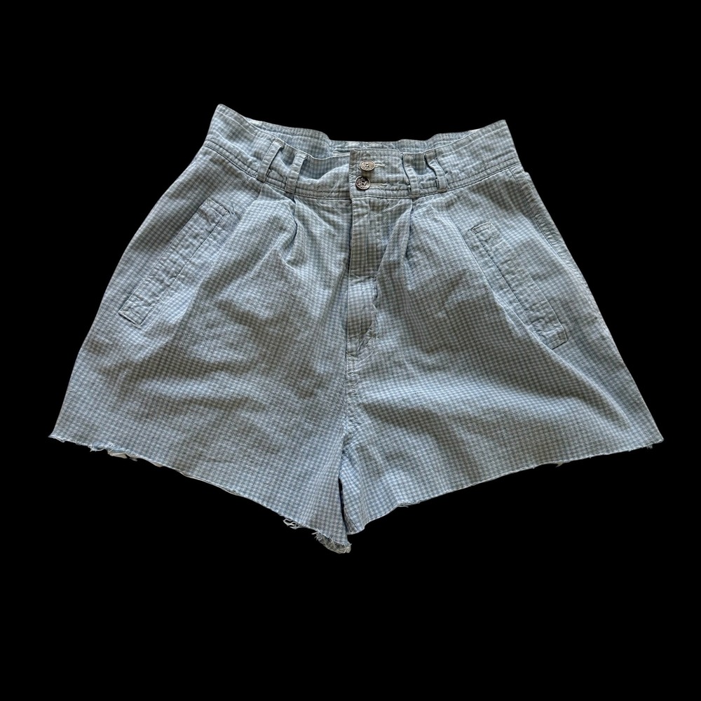 80's Studio Michelle Stuart Gingham High Rise Pleated Cotton Shorts Blue Sz 8